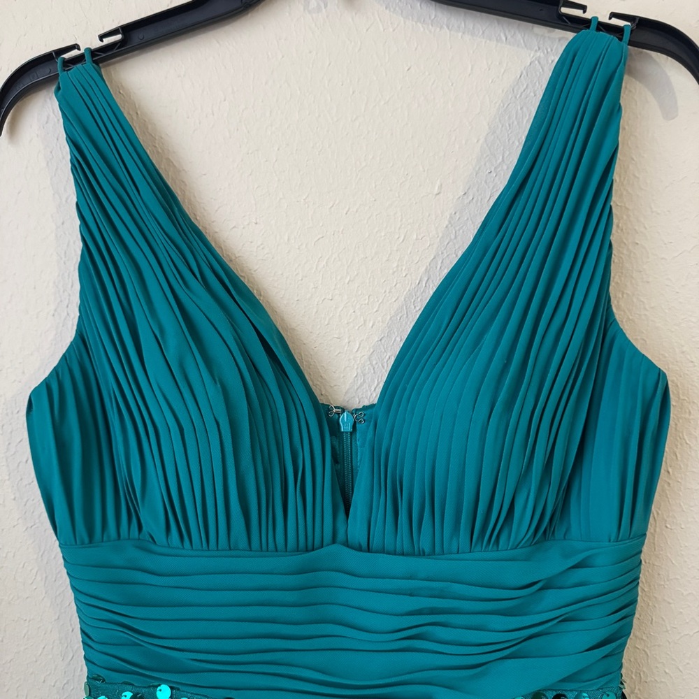Teal Sequin V-Neck Mini Dress with Pleated Bodice - Picture 4 of 11